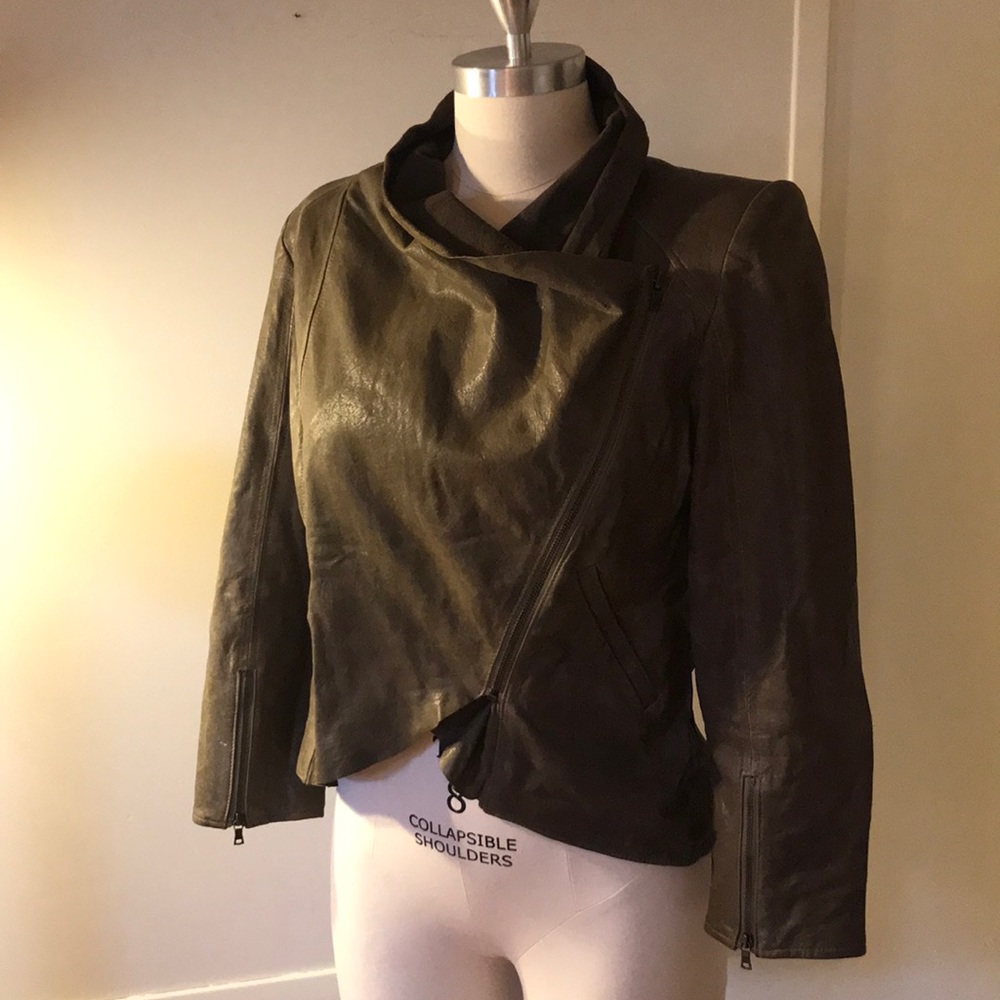 Alice + Olivia Olive Green Leather Asymmetrical Zip Jacket